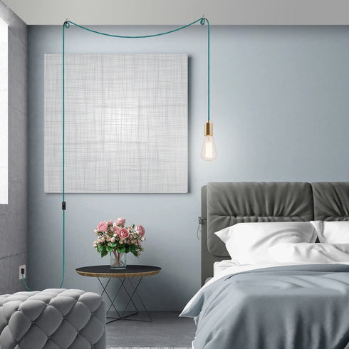 Globe Electric 69997 Emile 1-Light Plug-in Exposed Pendant, 15-ft Teal Cloth Cord, in-Line On/Off Rocker Switch, Brass Socket, 180"