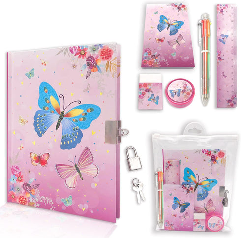 Girls Diary with Lock, Kids Journal Stationary Set for PreSchool Teen Learning Writing Drawing Age 6,8,10,12 Years Butterfly Gift with Notebook Memo NotePad Six Multicolored Pen Ruler Sharpener Eraser