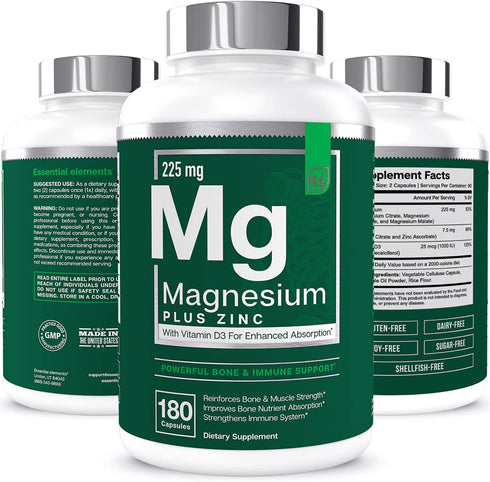 Magnesium & Zinc with Vitamin D3 by Essential Elements - For Sleep Immune & Bone Support | Magnesium Glycinate, Malate, Citrate 200mg - Triple Magnesium Supplement for Women and Men - 3 Month Supply