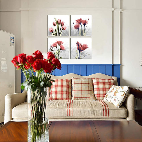 Moyedecor Art - 4 Panel Elegant Tulip Flower Canvas Print Wall Art Painting For Living Room Decor And Modern Home Decorations (Four 12X12in, Red flower)