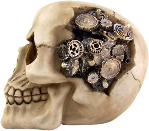 Steampunk Cyborg Protruding Gear Work Human Skull Statue Clockwork Gear Design Skeleton Cranium Figurine