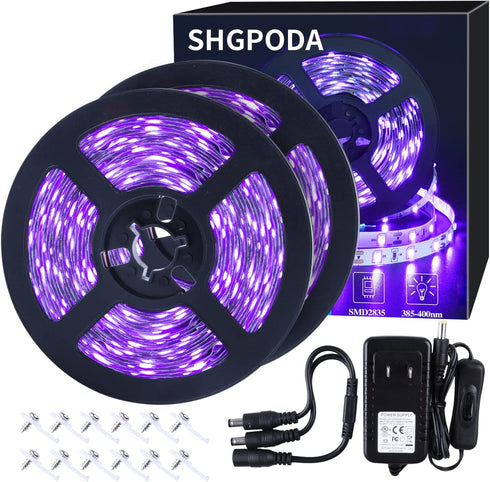 SHGPODA 33ft LED Black Light Strip Kit, 600 Units, 385nm-400nm, 12V Flexible Blacklight Fixtures, 10M LED Ribbon, Non-Waterproof for Indoor, Birthday, Wedding, Dark Party, Halloween, Christmas