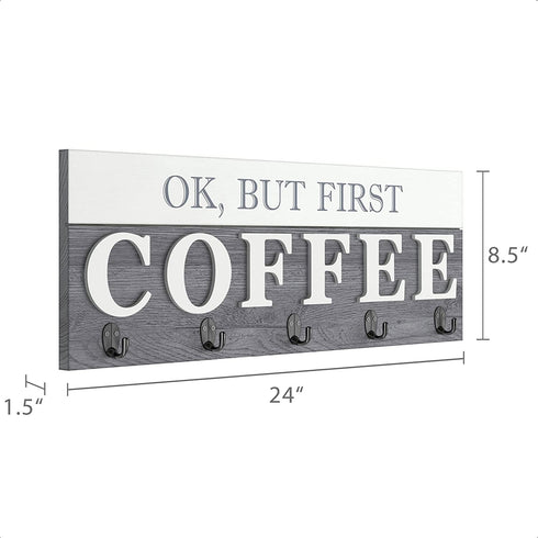 Barnyard Designs ˜Ok, But First Coffee™ Hanging Mug Holder, Wall Mounted Coffee Cup Organizer Rack, Rustic Farmhouse Wood Wall Decor Sign, for Kitchen, Coffee Bar or Cafe, Gray and White, 24? x 8.5?