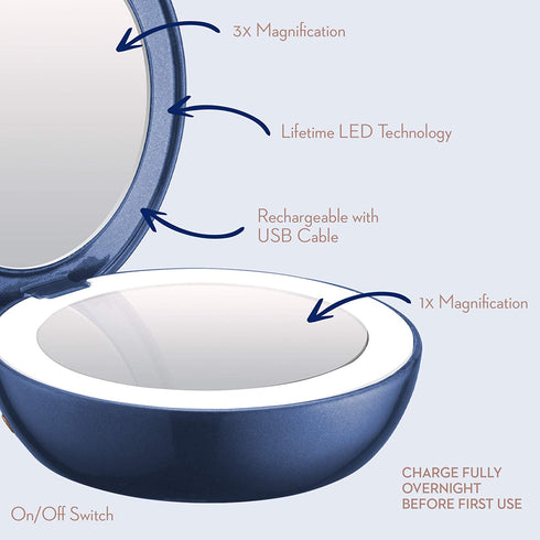 Conair Unbound Rechargeable Compact LED Lighted Makeup Mirror, 1x/3x Magnification, Blue