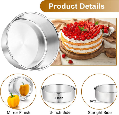 3 Pcs Deep Cake Pan Set (8'' x 3''), P&P CHEF 8 Inch Stainless Steel Round Baking Pans, for Birthday Wedding Christmas, Healthy & Durable, Deep Side & Mirror Finish, Oven & Dishwasher Safe