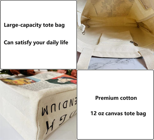 HaoHakka Tote Bag Aesthetic, Canvas Graphic Trendy Cute Tote Bags with Zipper Pockets