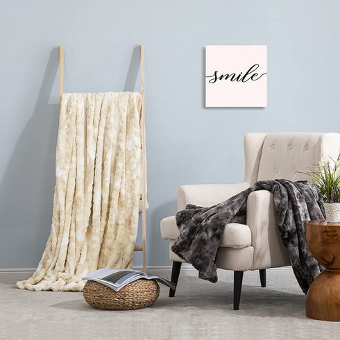 HBlife Luxury Soft Faux Fur Blanket Twin Size 60X80 Inches, Elegant Fuzzy Plush Fluffy Cozy Blankets for Sofa and Bed, Marbled Ivory