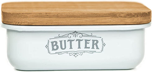 ThePerfectPicks Farmhouse Butter Dish with Lid for Countertop, Butter Keeper & Holder, Butter Container for Fridge with Wooden Freshness Seal, Enhance Kitchen Decor, Holds Two Sticks of Butter