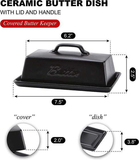 Ceramic Butter Dish with Lid, Covered Butter Keeper - Handle Design - Dishwasher Safe, 7.5 Inch Wide, Black