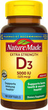 Nature Made Extra Strength Vitamin D3 5000 IU (125 mcg), Dietary Supplement for Bone, Teeth, Muscle and Immune Health Support, 180 Softgels, 180 Day Supply