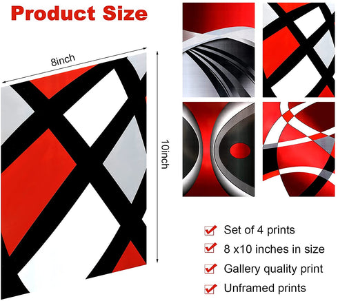 4 Pieces Red Stripes Poster Prints Unframed Abstract Wall Art Modern Abstract Wall Art Abstract Art Prints Black Silver Red Art Posters for Wall Home Decoration, 8 x 10 Inch