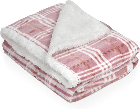 Plaid Sherpa Throw Blanket, Plush Flannel Holiday Throws for Couch Sofa Cabin Decro, Super Soft Reversible TV Blanket, Comfy Caring Gift 50"x60", Buffalo Pink