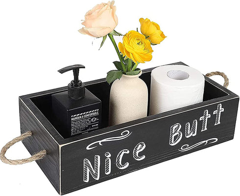 YCOCO Bathroom Decor Box,Country Decor and Farmhouse Bathroom Decor for The Home,Rustic Toilet Tank Tray and Wooden Bathroom Trays and Baskets for Counter,Black