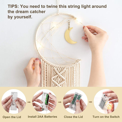 Mkono 2 Pack Macrame Dream Catcher with String Lights Boho Wall Hanging Decor Handmade Circle Moon Dreamcatcher Bohemian Home Ornament for Bedroom Living Room Dorm Nursery, 8''W x 32''L