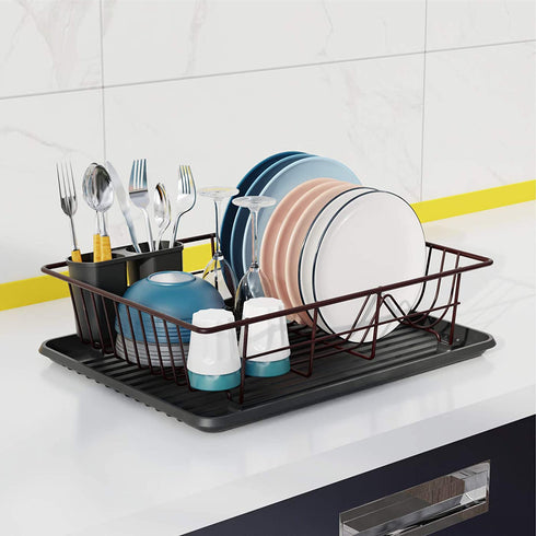 Dish Drying Rack, GSlife Small Dish Rack with Tray Compact Dish Drainer for Kitchen Counter Cabinet ,Bronze