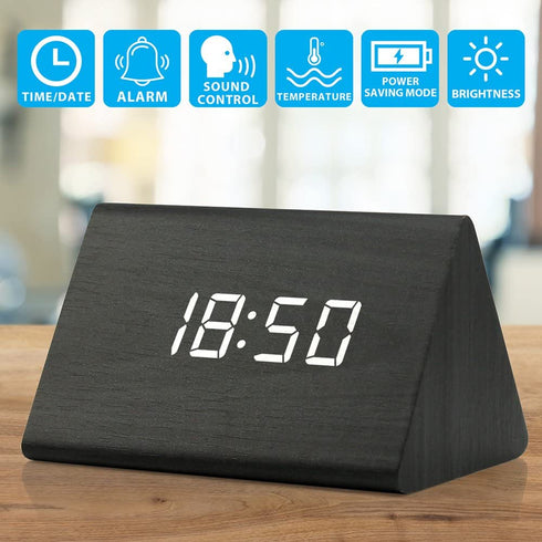 OCT17 Wooden Wood Clock , 2021 New Version LED Alarm Digital Desk Clock Adjustable Brightness, Alarm Time, Displays Time Date Temperature - Black