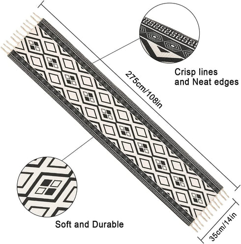 Boho Table Runners with Tassels Rustic Bohemian Woven Table Runner for Summer, Spring Holiday, Catering Events, Dinner Parties, Wedding, Indoor and Outdoor Parties, 14" x 70" (Black White, 14" x 108")