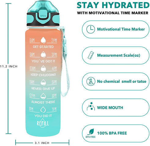 Enerbone 32 OZ Water Bottle with Times to Drink and Straw, Leakproof BPA & Toxic Free, Drinking Water Bottle with Carrying Strap, Ensure You Drink Enough Water for Fitness and Outdoor, Orange-Green