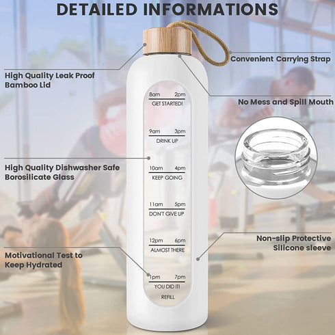 PROBTTL 32 Oz Borosilicate Glass Water Bottle with Time Marker Reminder Quotes, Leak Proof Reusable BPA Free Motivational Water Bottles with Silicone Sleeve and Bamboo Lid