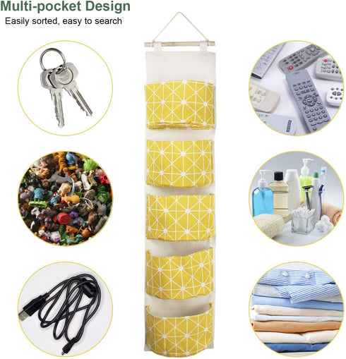3Pcs Over The Door Hanging Storage Bag, MOTASOM Waterproof Wall Closet Organizer with 5 Pockets, Linen Fabric Wall Hanging Mounted Organizer Pocket for Room Bathroom Bedroom Kitchen