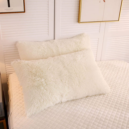 LIFEREVO 2 Pack Shaggy Plush Faux Fur Pillow Shams Fluffy Decorative Pillowcases Zipper Closure (Standard Queen Light Beige)