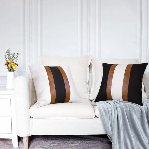 Pyonic Set of 2 Faux Leather Throw Pillow Covers 18x18 Inch Black and White Modern Farmhouse Pillow Covers Decorative Linen Stripe Accent Cushion Covers for Couch Sofa