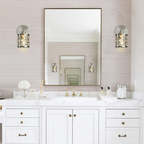 1 Light Modern Vanity Light, Bathroom Vanity Light Brushed Nickel Wall Light Fixtures with Cylinder Crystal Shade