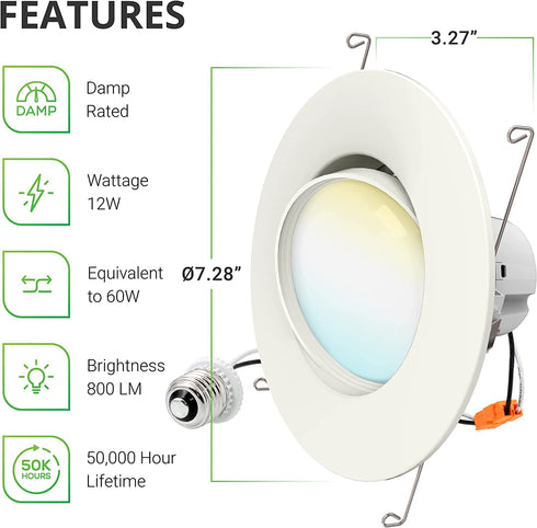 Sunco Lighting 1 Pack 5/6 Inch LED Recessed Downlight, Gimbal, Selectable Light, 5 Colors (2700K/3000K/3500K/4000K/5000K), 12W=60W, Dimmable, Adjustable, Damp Rated, Simple Installation UL