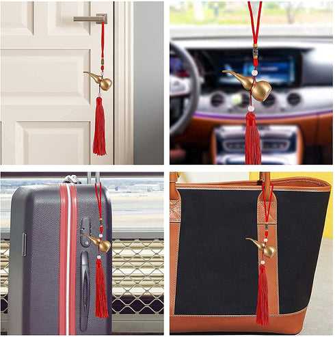 PAKUNDAS Feng Shui Brass Wu Lou Golden Gourd with Red Luck Strip Treasure Pendant for Bedroom,Car Hanging Ornaments,Fortune Protection,Hu Lu Bring Good Luck Safty Success,2.75inch Tall,100% Brass