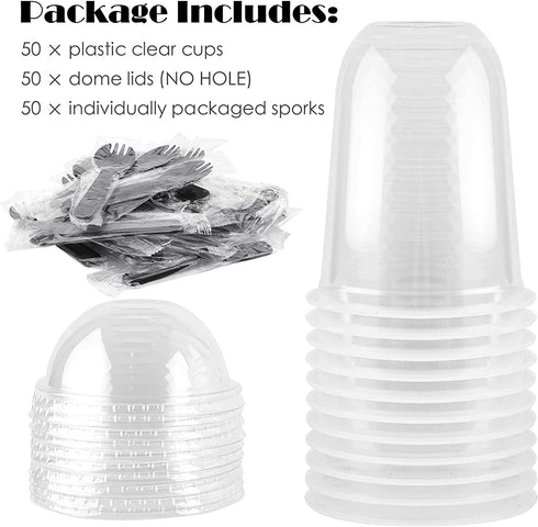 INDRAH 50 Sets 16 oz Clear Plastic Cups With Dome Lids (No Hole) and Sporks, Disposable Parfait Cups Dessert Cups for Fruit Yogurt Smoothie Iced Cold Drinks, No Leaking