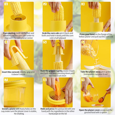 OLEKURT Cob Corn Stripper - Corn Peeler 4 in 1 Stainless Steel Corn Cob Stripper Tool, Corn Cutter with Bowl, For Ginger Grater/Carrot Planer/Potato Planer, Seamless, No Splatters, More Solid