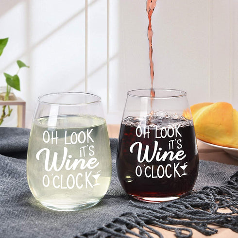 Oh Look It's Wine O™clock Stemless Wine Glass, Wine Gifts for Women Men Friends Her Him Coworkers Wine Lovers Congratulation Birthday Christmas, 15Oz Wine Glass with Funny Words