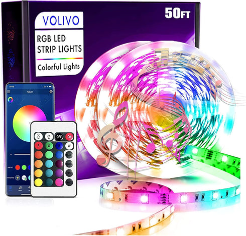 Volivo Bluetooth LED Strip Lights, 50ft Smart Light Strips , App and Remote Control, 5050 RGB Led Lights for Bedroom, Music Sync Color Changing for Room, Kitchen, Party (2 Rolls of 25ft)