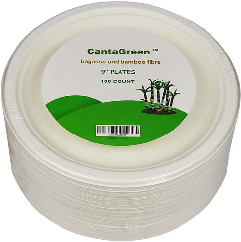 9 inch Compostable Plates, 100 Count Heavyduty Sugarcane/Bagasse and Bamboo Fibre Biodegradable Disposable Paper Plate