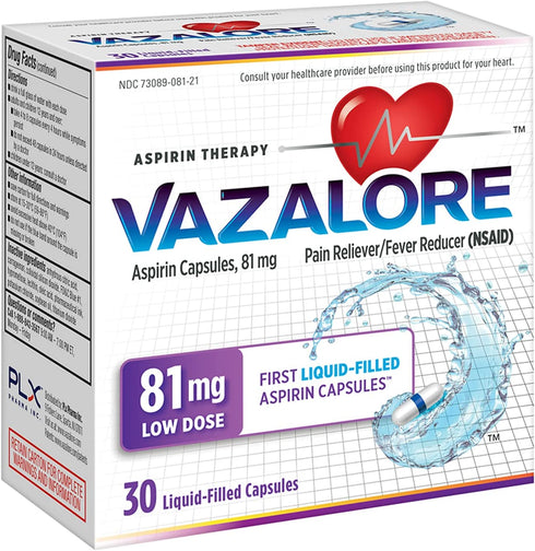 VAZALORE® Aspirin 81mg for Adults | Low Dose Aspirin Heart Therapy | Liquid-Filled Capsules to Help Protect Stomach | Pain Relief | 30 Count