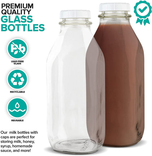 Liter Glass Milk Bottles (4 Pack) 8 White Caps - 33.8 Oz Milk Jars with Lids - Food Grade Glass Bottles - Dishwasher Safe - Bottles for Oat Milk, Buttermilk, Honey, Syrup, Jam, Sauce - Stock Your Home