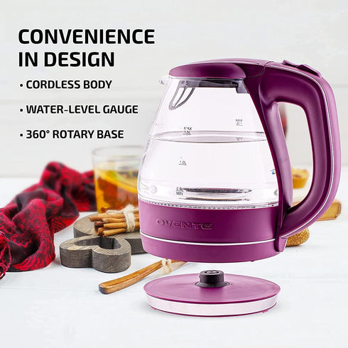 Ovente Electric Kettle Hot Water Boiler 1.5 Liter BPA Free Borosilicate Glass Fast Boiling Countertop Heater with Automatic Shut Off & Boil Dry Protection for Tea Coffee Milk Noodle, Purple KG83P