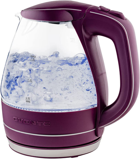 Ovente Electric Kettle Hot Water Boiler 1.5 Liter BPA Free Borosilicate Glass Fast Boiling Countertop Heater with Automatic Shut Off & Boil Dry Protection for Tea Coffee Milk Noodle, Purple KG83P