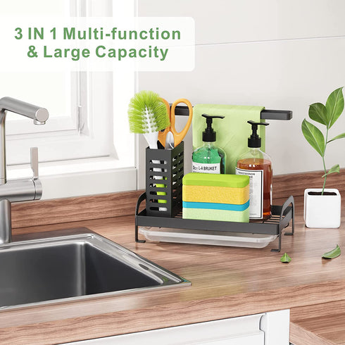Kitchen Sink Caddy - Tidyway Sponge Holder for Kitchen Sink Brush Dish Rags Soap Holder with Drain Pan Tray, Freestanding Kitchen Sink Organizer, Large Capacity, Black