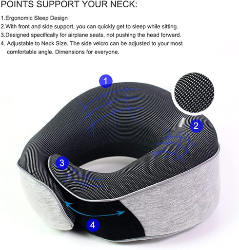 ZIUQAB Travel Pillow, Memory Foam Travel Neck Pillow with Velcro, 360-Degree Head Support with Storage Bag for Airplane, Car, Travel, Camping, Bus, Train