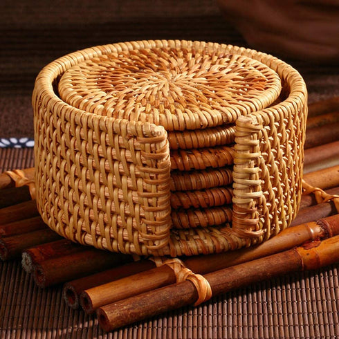 Rattan Coasters, Handmade Teacup Coasters, Creative Gift for Kitchen Table Drinks Crafts Round Natural Coasters Coasters Set (3.94in)
