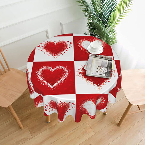 Tablecloth 60 inches Valentine's Day Love Heart Red Waterproof Washable Round Table Cloth Cover for Dining Room Kitchen Decoration