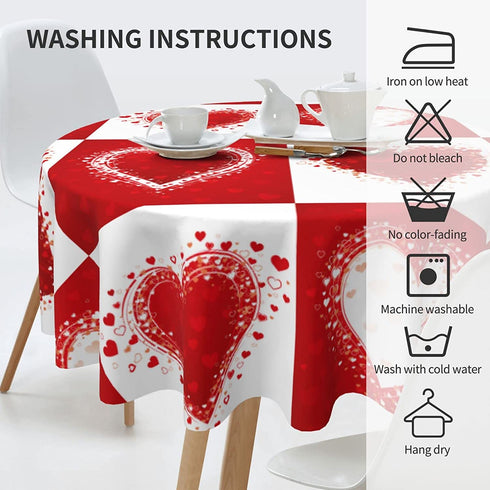 Tablecloth 60 inches Valentine's Day Love Heart Red Waterproof Washable Round Table Cloth Cover for Dining Room Kitchen Decoration