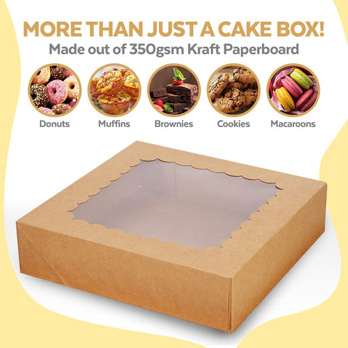 Cake Boxes 10 Inch and Stickers, (12-Pack) Kraft Bakery Box with Viewing Window for Cakes, Cupcakes, Cookies, Donuts, Pastries, and More 10x10x2.5 Brown Cake Box