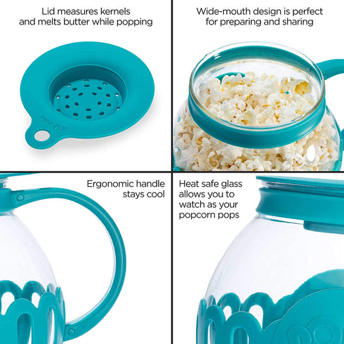Ecolution Patented Microwave Micro-Pop Popcorn Popper, Borosilicate Glass, 3-in-1 Lid, Dishwasher Safe, BPA Free, 3 Quart Family Size, Teal