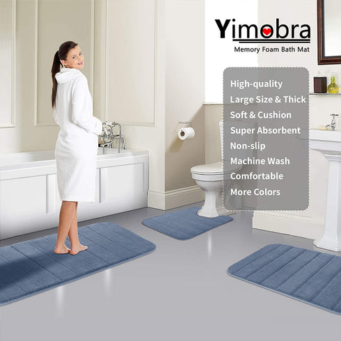 Yimobra Memory Foam Bath Mat Large Size, 31.5 x 19.8 Inches,Soft and Comfortable, Super Water Absorption, Non-Slip, Thick, Machine Wash, Easier to Dry for Bathroom Floor Rug, Denim Blue
