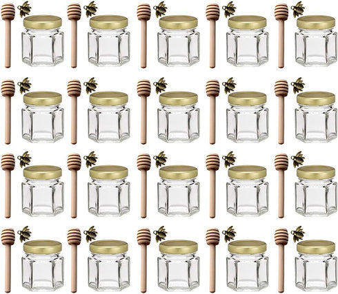 Adabocute 1.5 oz 20 pack Hexagon Mini Glass Honey Jars with Wood Dipper, Gold Lid, Bee Pendants - Perfect for Baby Shower, Wedding Favors, Party Favors