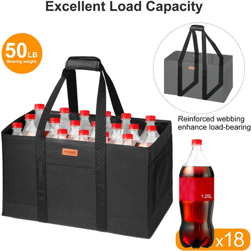 Large Utility Tote Bag, Reusable Grocery Bags Collapsible Tote, Large Tote Bag With Handles Utility Tote Shopping Bags for Groceries, Storage, Picnic, Beach, Pool (Black)