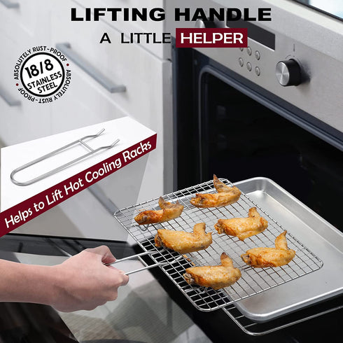 18/8 Stainless Steel, Cooling Rack for Baking with Lifting Handle, 8.5€?x 12€? Baking Rack, Oven and Dishwasher Safe, Wire Rack for Cooking, Roasting, Grilling, Fits Quarter Sheet Pan