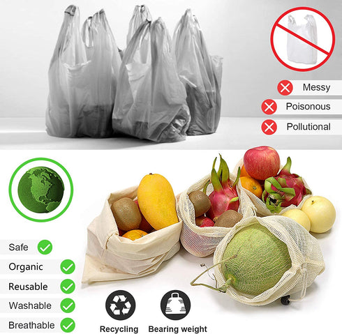 Reusable Cotton Produce Bags-Durable Organic Cotton Mesh Produce Bags ECO-Friendly Grocery Bags with Tare weight 4 Sizes 12 Packs Lightweight Machine Washable Vegetable Bags with Organizing Drawstring